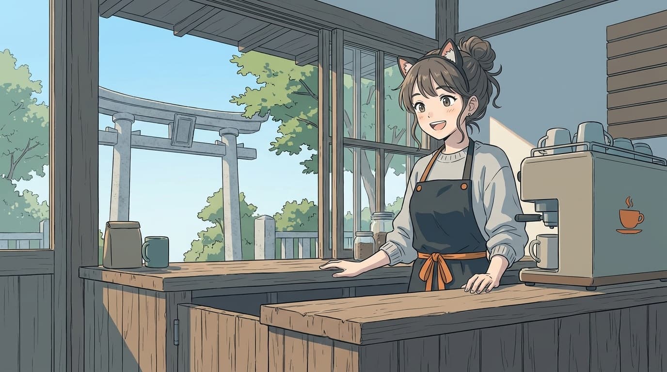 Mika, Barista at a café near a shrine